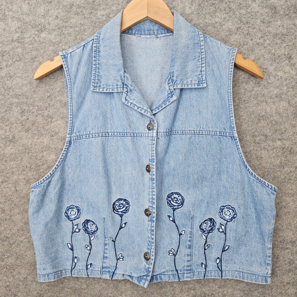 Women's Light Blue Denim Vest Floral Embroidered Button Up Sleeveless TAGS CUT
